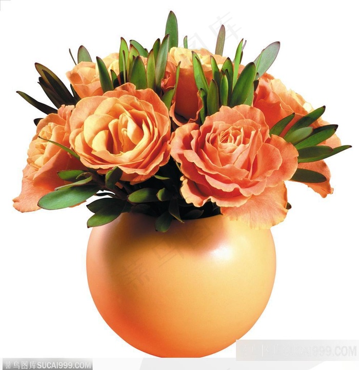 玫瑰花束-圆形花瓶中橙色玫瑰花