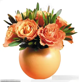 玫瑰花束-圆形花瓶中橙色玫瑰花