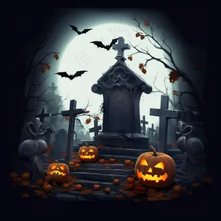 万圣节南瓜灯坟墓墓地蝙蝠恐怖黑暗插画素材背景