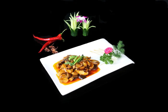 什锦菌菇餐饮快餐盖浇饭产品成品高清大图黑底长盘