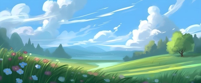 春天蓝天白云草原绿色树草地手绘插画海报素材背景(6848x2816)