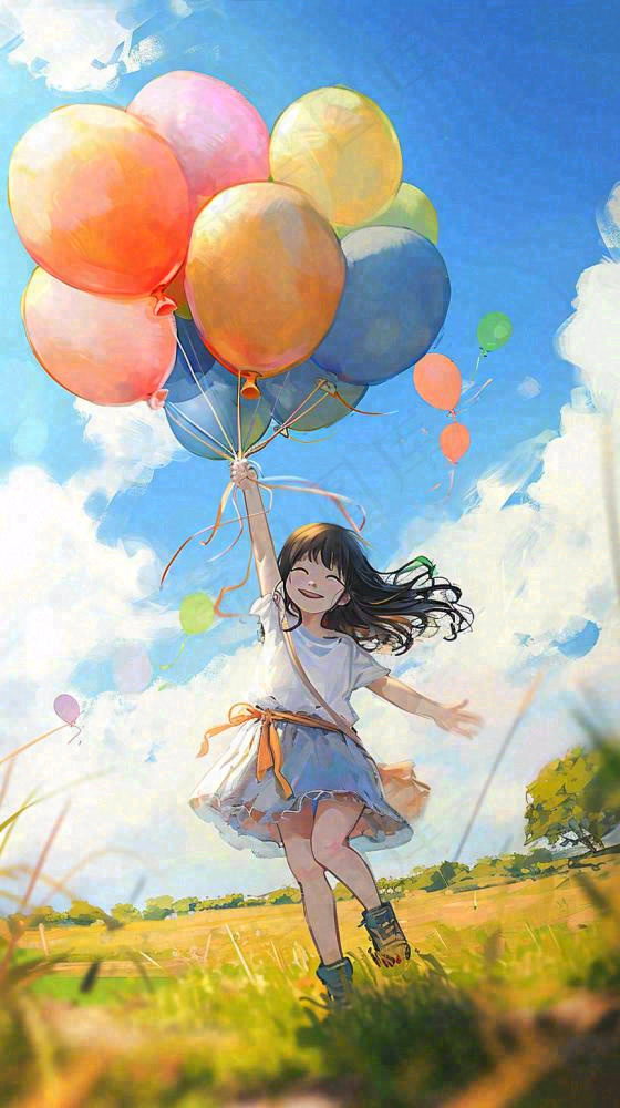 一个可爱的小女孩手里牵着彩色气球在草地上奔跑夏天，儿童节(816x1456)