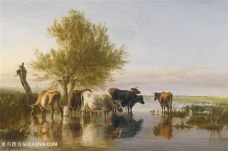 河里的牛群风景油画图片