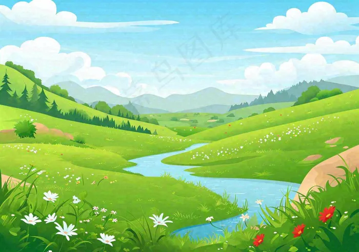 春日旅行草坪草丛花朵河流小溪野外郊游插画，春分(1296x912)
