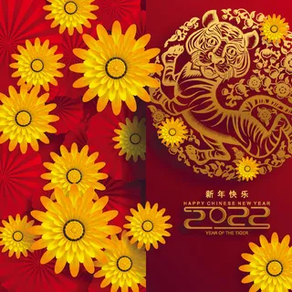 农历2022春节虎年新年快乐剪纸插画海报红色背景展板