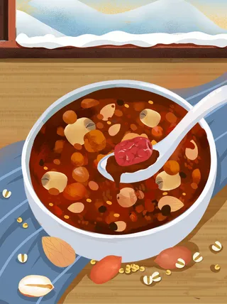 中国传统节日手绘卡通腊八节腊八粥插画海报PSD格式设计素材