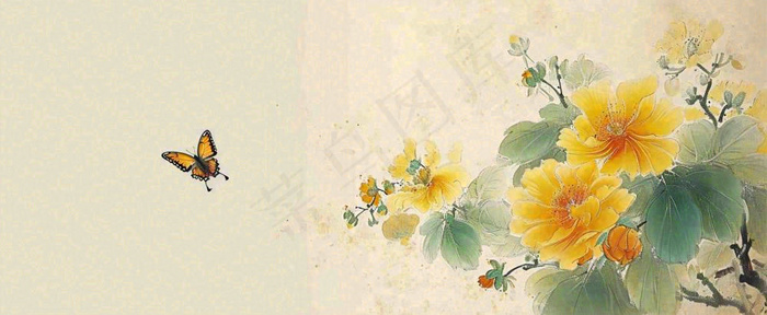 温馨纹理橙色花朵鲜花蝴蝶意境唯美，中国风(1712x704)