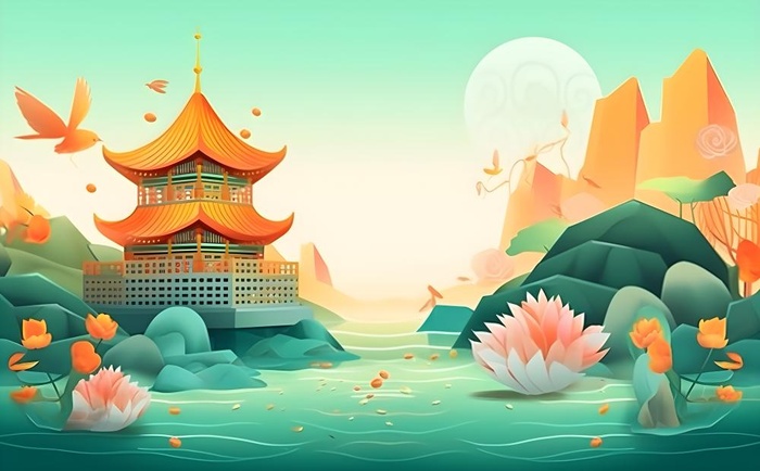 国风山水阁楼古风背景