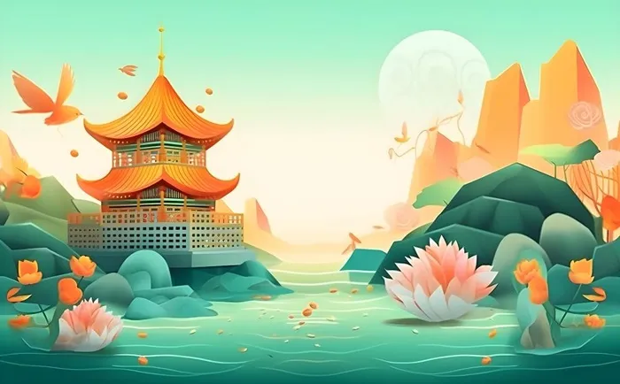 国风山水阁楼古风背景(4176x2592)