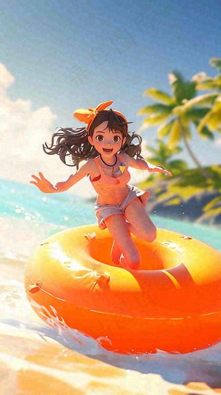 夏日阳光沙滩度假比基尼泳衣游玩旅行游泳插画，大暑小暑暑期