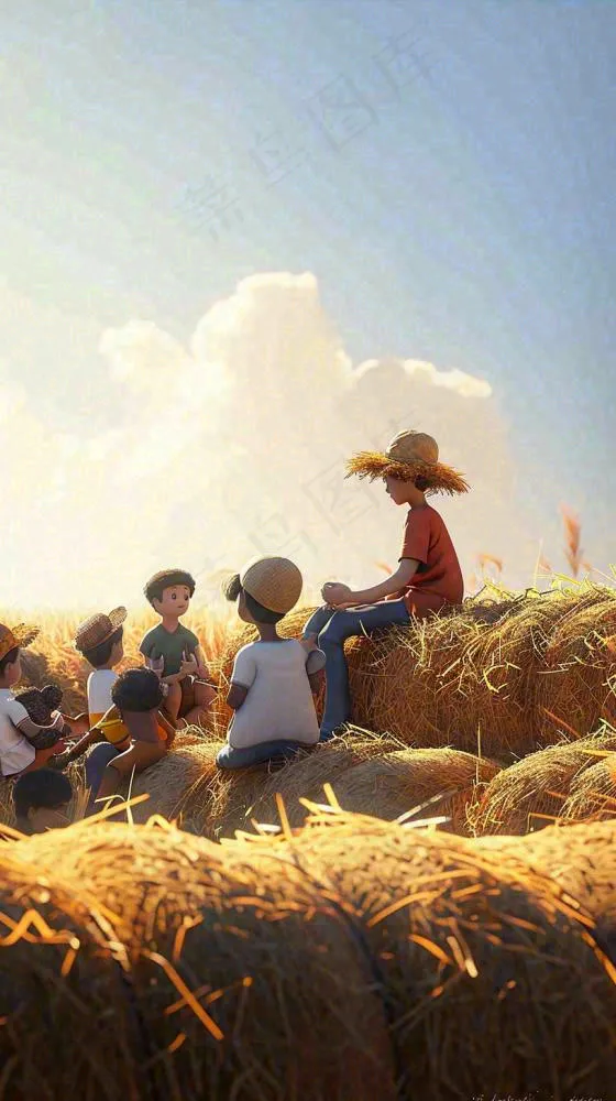 小麦田里秋天人物收割卡通，秋分白露(816x1456)