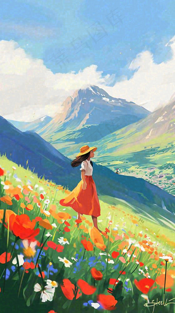 春天山脉草坪花海上穿裙子的女孩油画手绘插画，清新浪漫，踏青春游(816x1456)