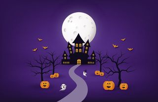 卡通万圣节黑色城堡蓝色背景