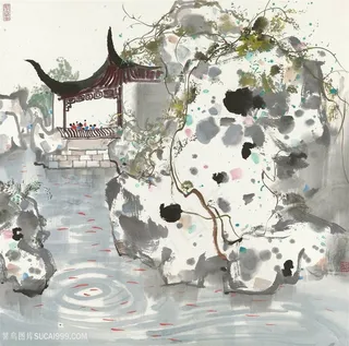 吴冠中水墨庭院池水装饰画