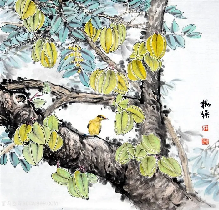 高清水墨黄鹂与杨桃树国画图片