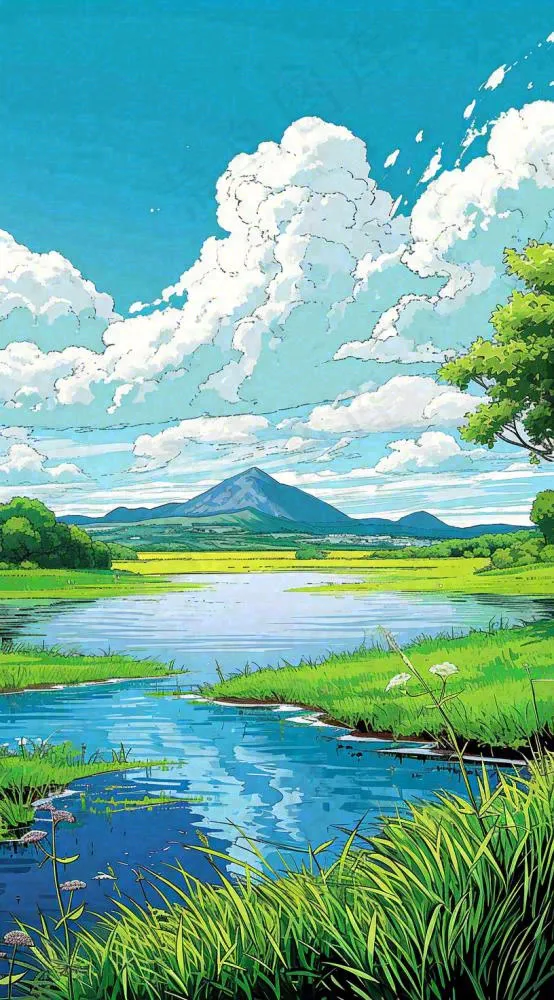 春天阳光灿烂远处的高山和田野春意盎然手绘卡通画(816x1472)