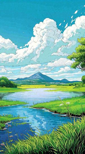 春天阳光灿烂远处的高山和田野春意盎然手绘卡通画