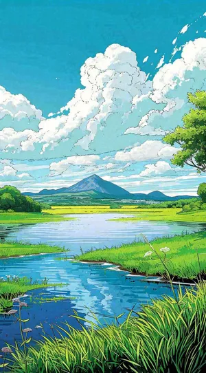 春天阳光灿烂远处的高山和田野春意盎然手绘卡通画