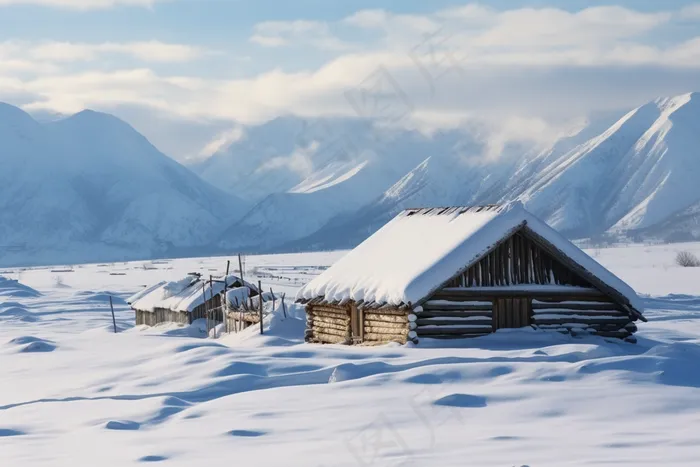 雪山高原山脚下的木屋摄影图(4032x2688)