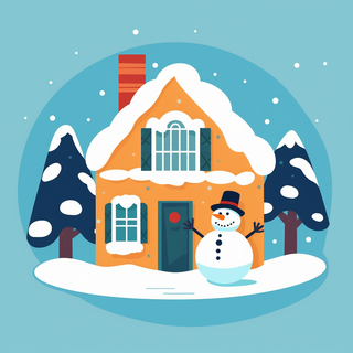 冬季雪景房屋门口的雪人卡通插画背景