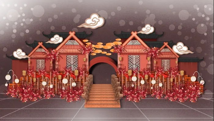 红色中式传统建筑婚礼迎宾区效果图psd模版下载