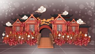 红色中式传统建筑婚礼迎宾区效果图