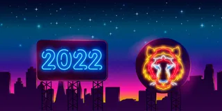 夜晚霓虹灯发光字特效老虎2022新年虎年春节元素矢量平面设计素材