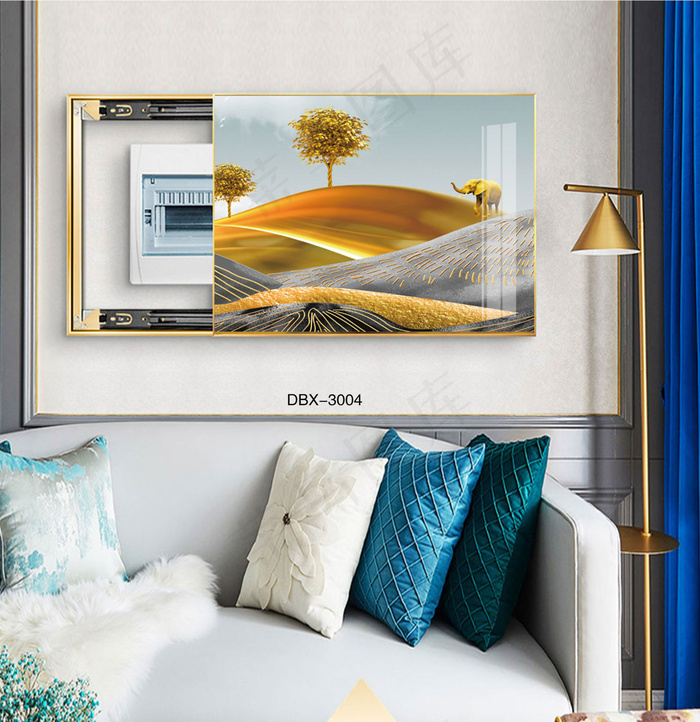 大气时尚家居室内装饰场景客厅沙发卧室床铺电表箱壁画背景图金象
