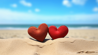 海边沙滩上摆放着两个红色爱心互相依靠摄影图