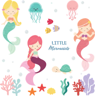 美人鱼 海底动物 卡通矢量图