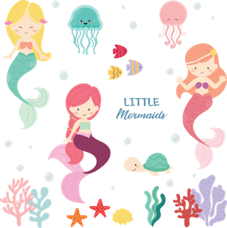 美人鱼 海底动物 卡通矢量图