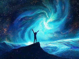 夜晚天空科幻绚丽星空下的人，暗黑天蓝