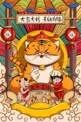 虎年中国风萌虎插画