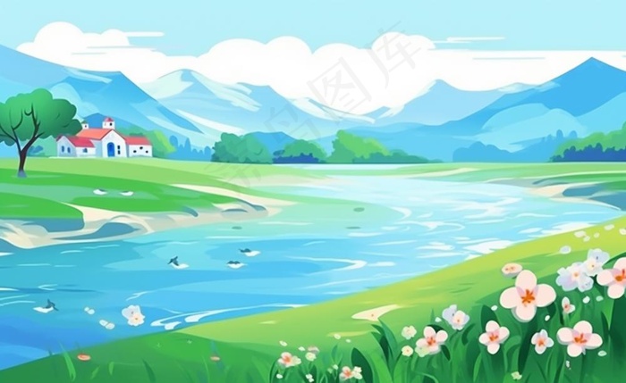 乡村村庄美丽风景河流插画农田插画背景(1408x864)