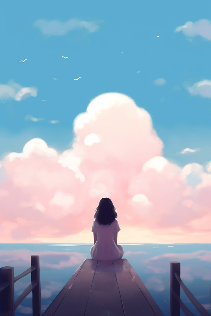 夏日海边云彩天空女孩坐着码头卡通插画素材背景 (x)