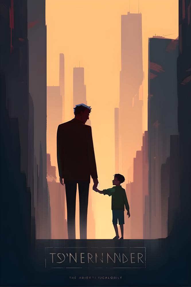 父亲和孩子亲情城市剪影背景