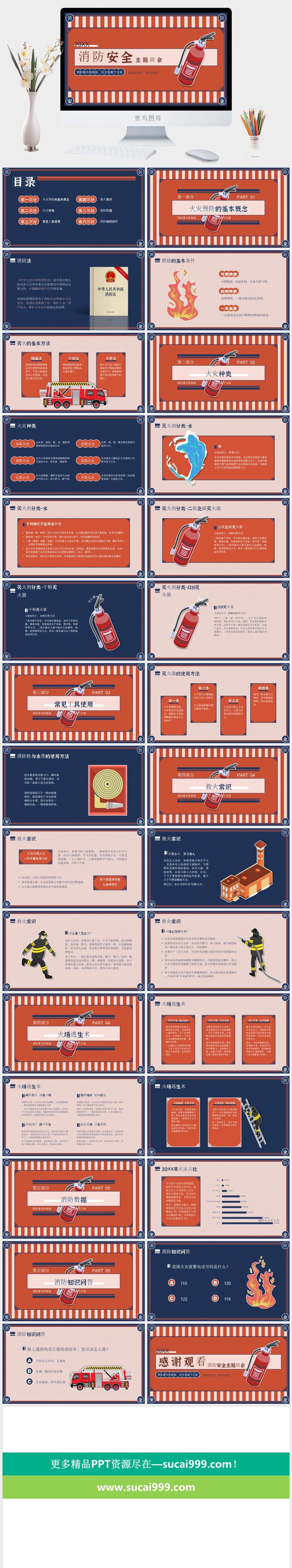 红蓝复古风消防安全主题班会PPT模板