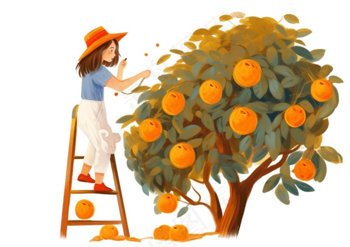 秋季爬梯摘水果的女孩橘子插画免抠(1312x928)