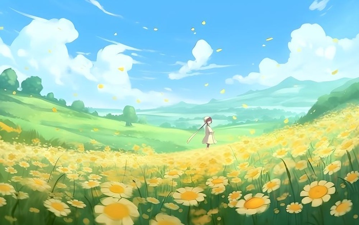 蓝天白云草坪草原人物黄色花朵手绘插画海报素材背景(5504x3456)