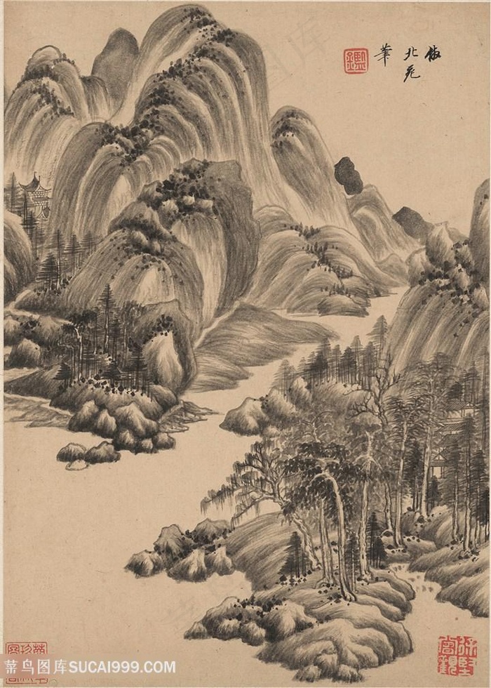 明代王鉴仿古山水册页仿北苑笔国画图片