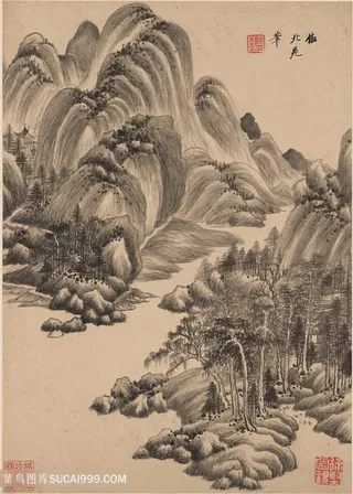 明代王鉴仿古山水册页仿北苑笔国画图片