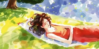 夏日人物水果树荫乘凉插画素材背景