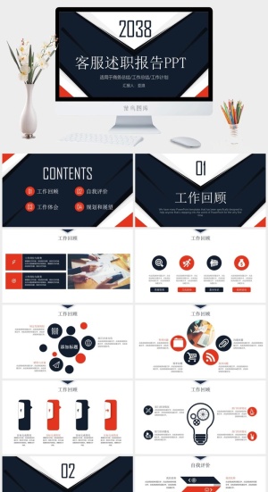 客服服务人工回复述职工作报告PPT模板预览图