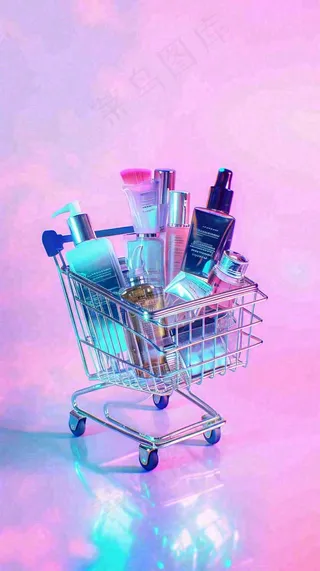 商品购物车电商美妆洗漱用品，彩色缤纷C4D