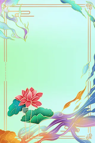 国潮夏天荷花荷叶手绘插画中国风山水墨海报背景PSD设计素材