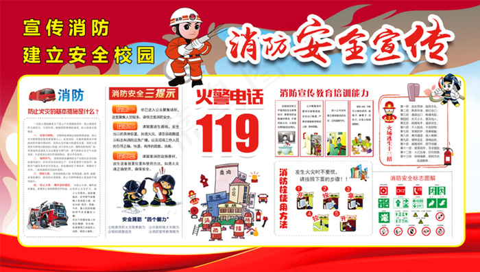 安全校园 消防安全宣传展板psd模版下载