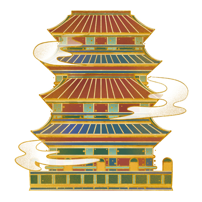 复古中国风国潮古建筑插画手绘高楼古塔PSD素材亭子png免抠图
