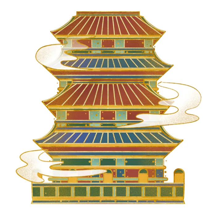 复古中国风国潮古建筑插画手绘高楼古塔PSD素材亭子png免抠图psd模版下载