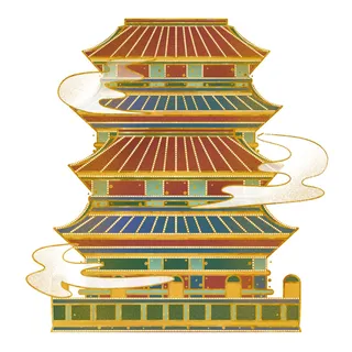 复古中国风国潮古建筑插画手绘高楼古塔PSD素材亭子png免抠图