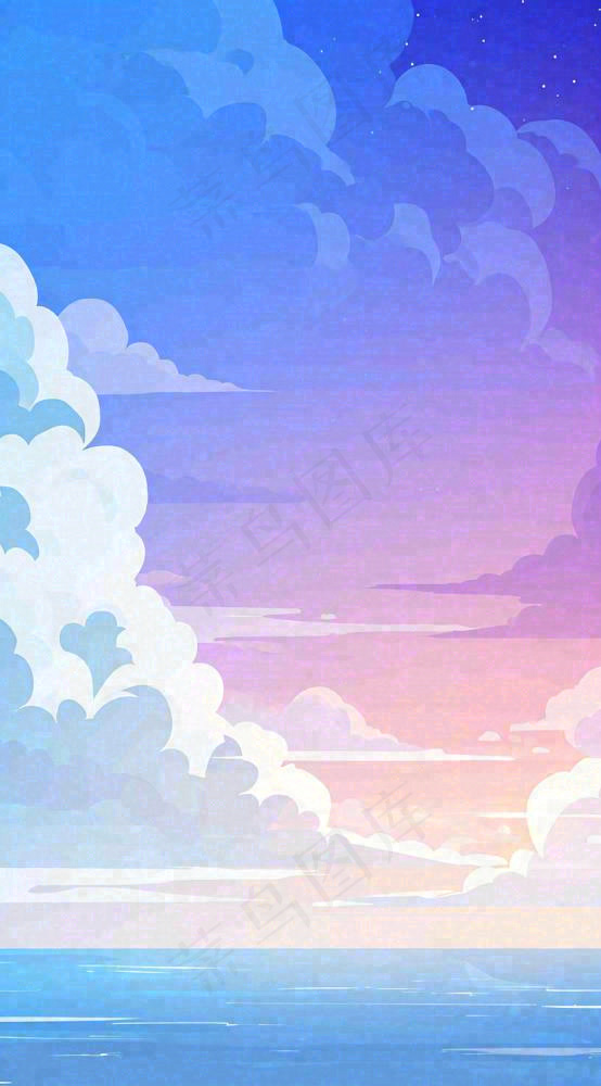 蓝紫色天空白云清新浪漫落日海上倒影